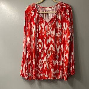 Belle by Kim Gravel Red and White Ikat Printed Top with Tassels